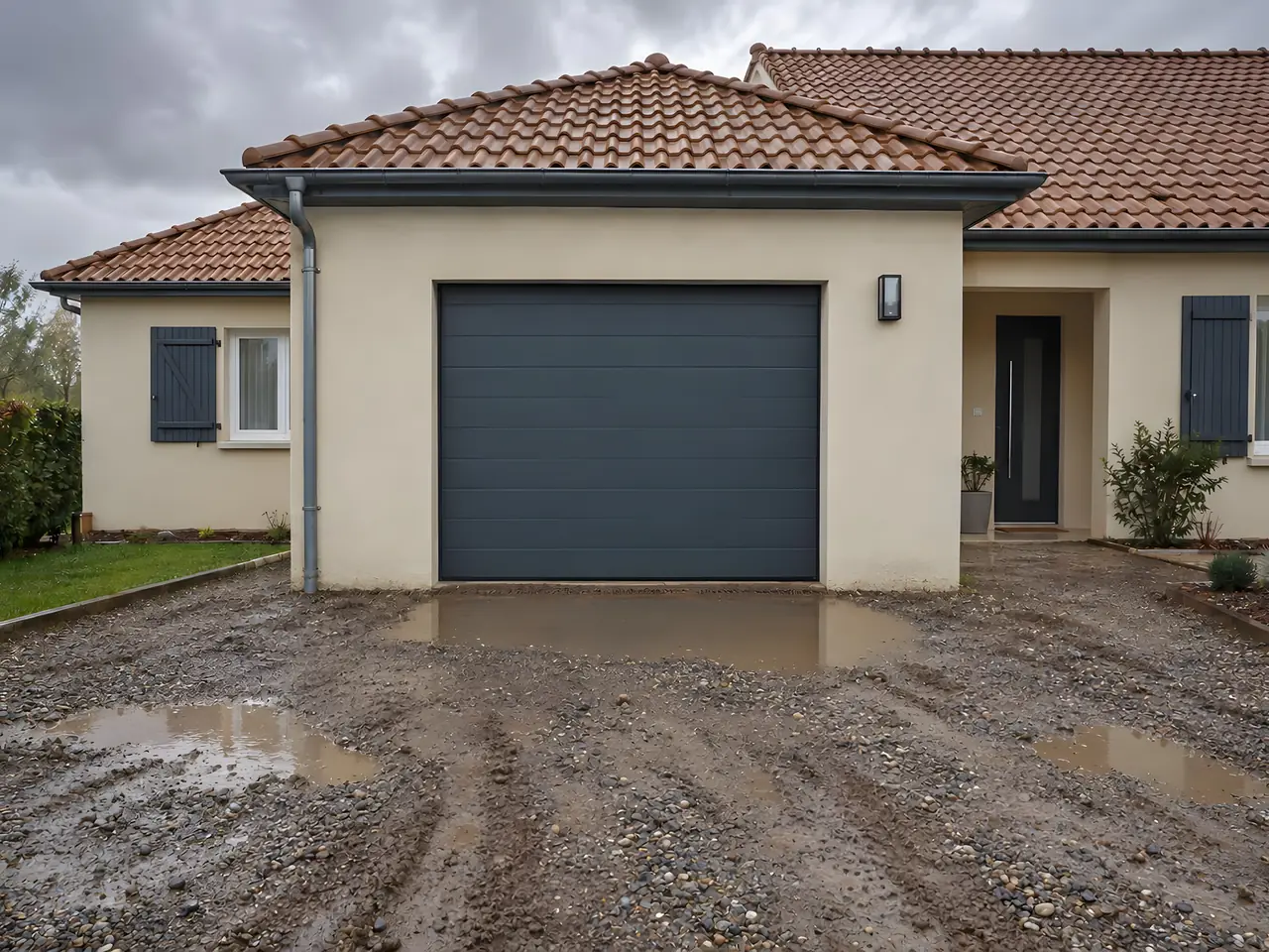 Cour devant un garage : terre boueuse creusée d'ornières et grandes flaques d'eau après la pluie