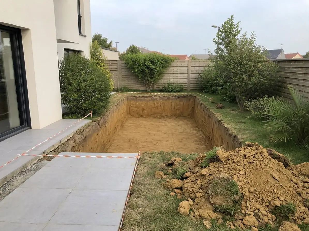 Le même jardin : fouille de bassin ouverte, parois nettes, déblais en tas