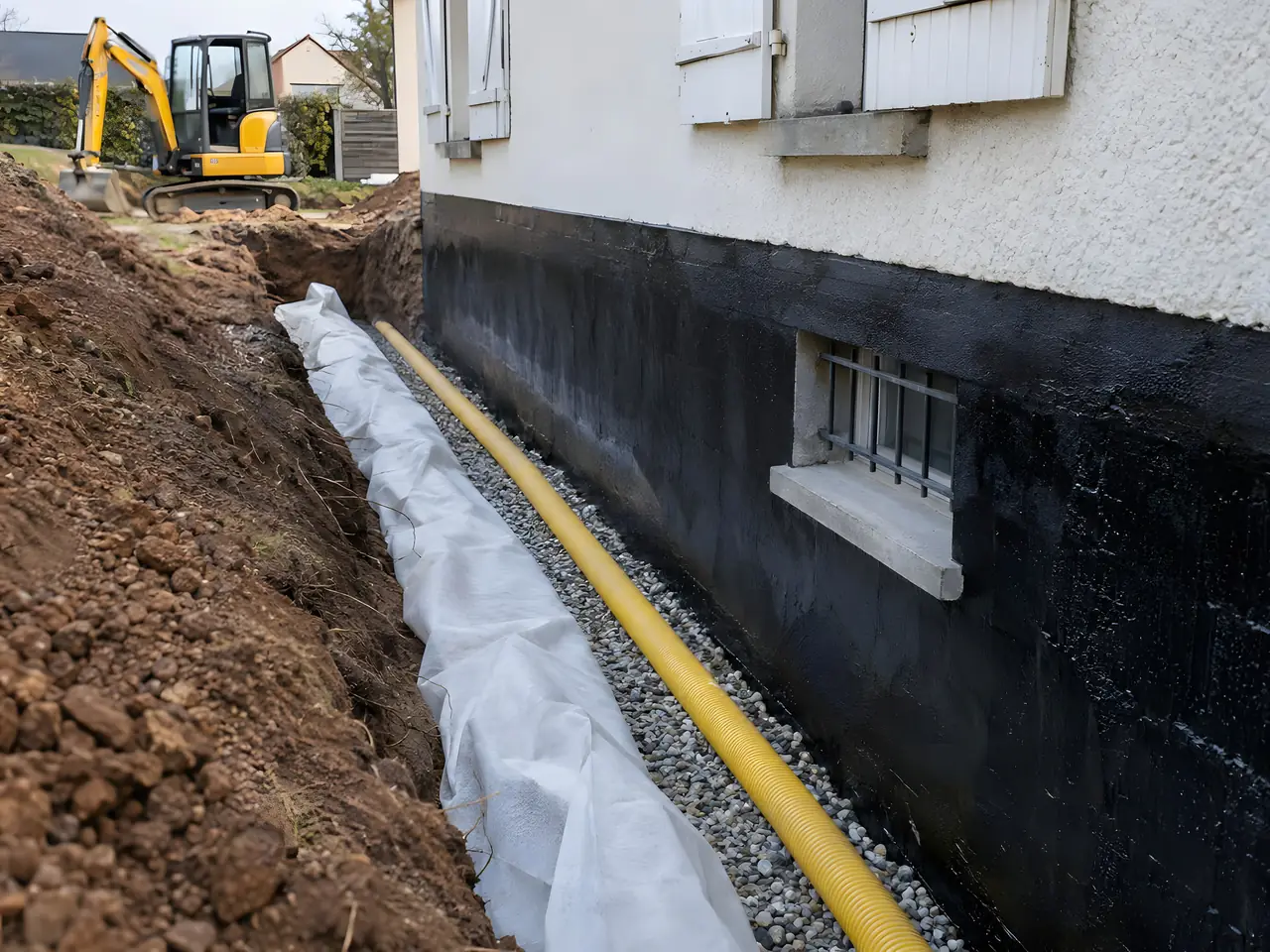Tranchée de drainage au pied d'un mur : drain jaune sur gravier, dans une toile