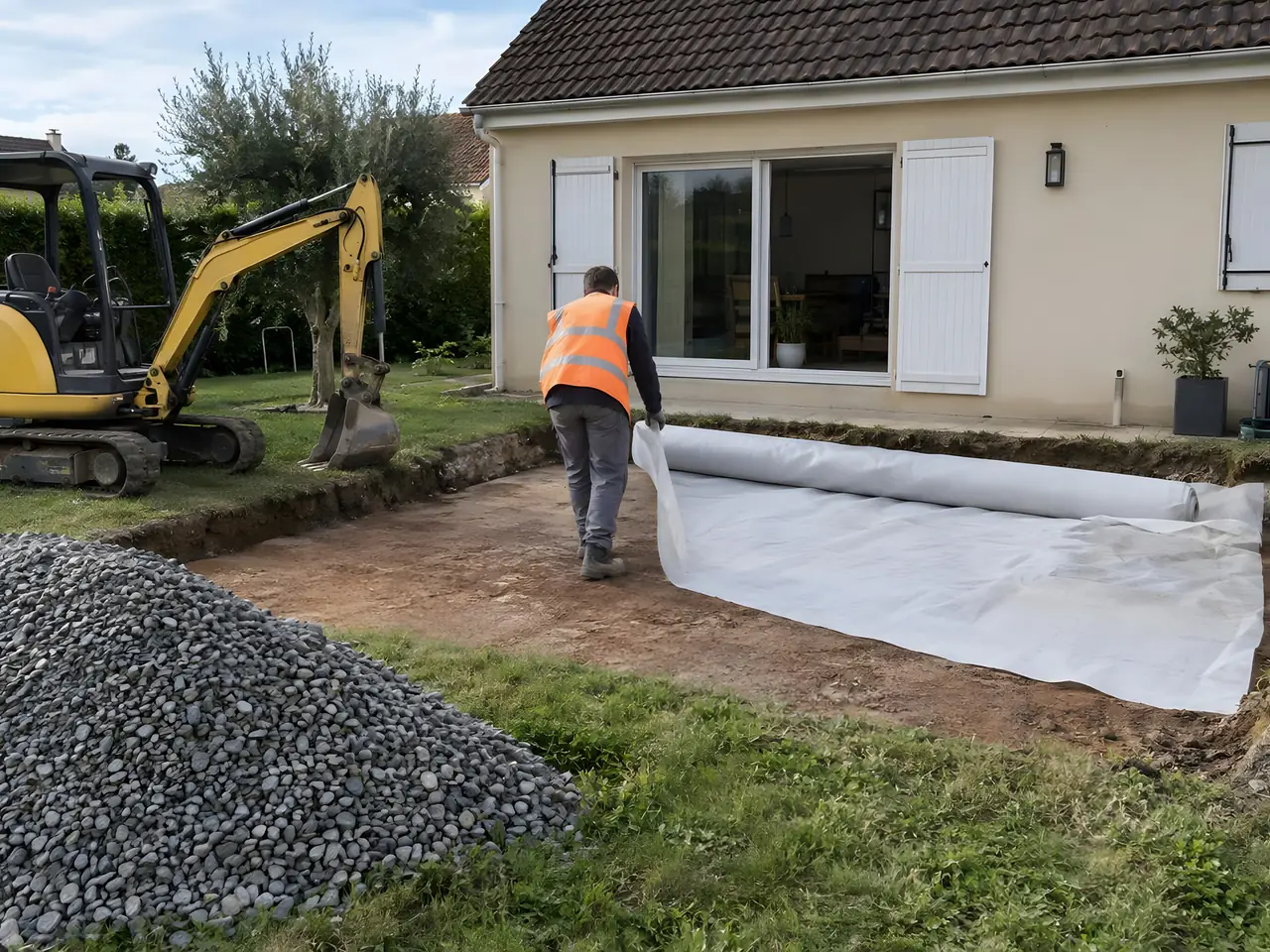 Terrasse décaissée au pied d'une maison, toile déroulée et tas de gravier