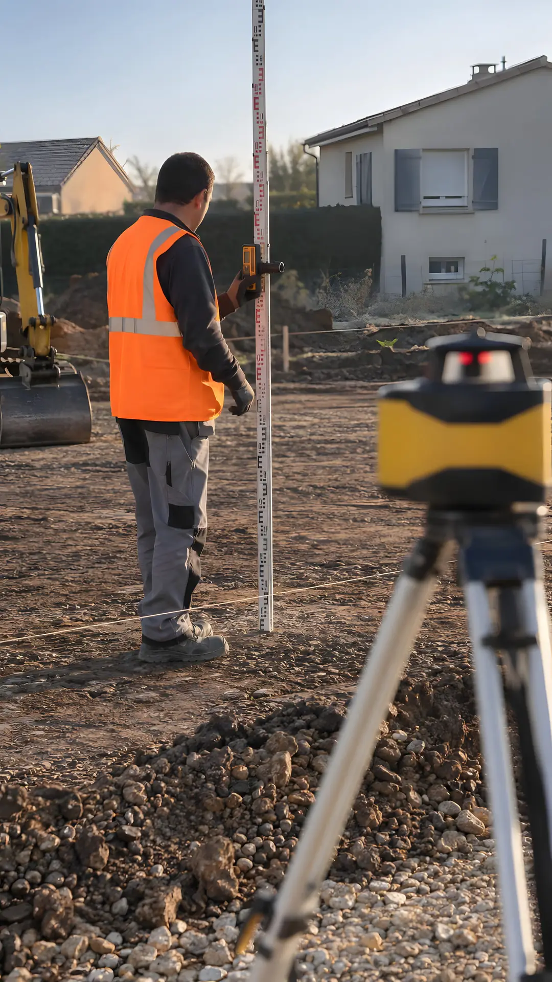 Terrassier qui tient la mire face au laser